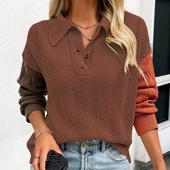 Brown Casual Women's Half Button Contrast Color Knit Textured Pullover Sweater - Picture 5 of 5